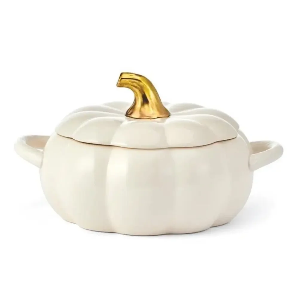 Pfaltzgraff White Pumpkin Casserole Dish Stoneware Cream Gold Stem NEW in Box